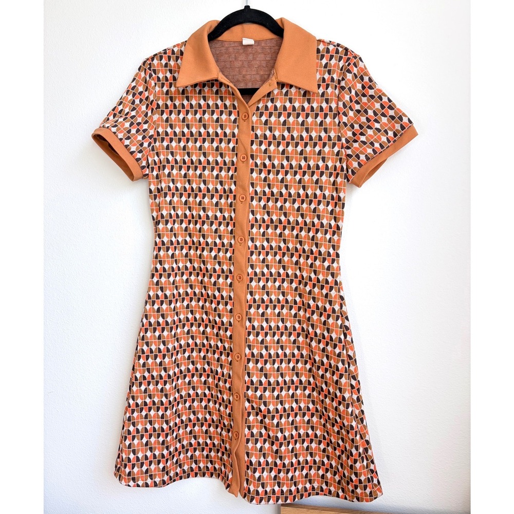 Vintage Style Geometric Button Down Mini Dress Orange Brown Retro Mod Small